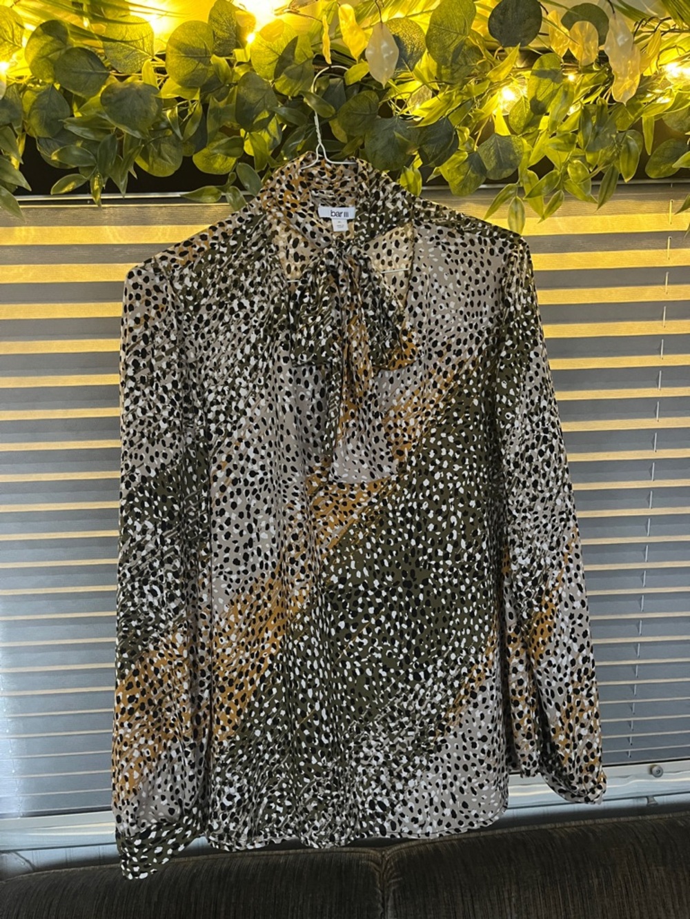 Bar III Olive, Taupe & Black Tie-Neck Blouse